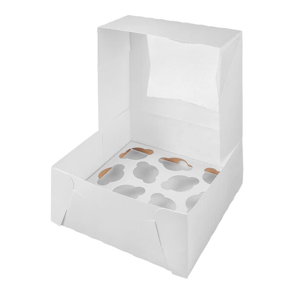 A white auto-popup window box with an insert designed to hold mini cupcakes or muffins.