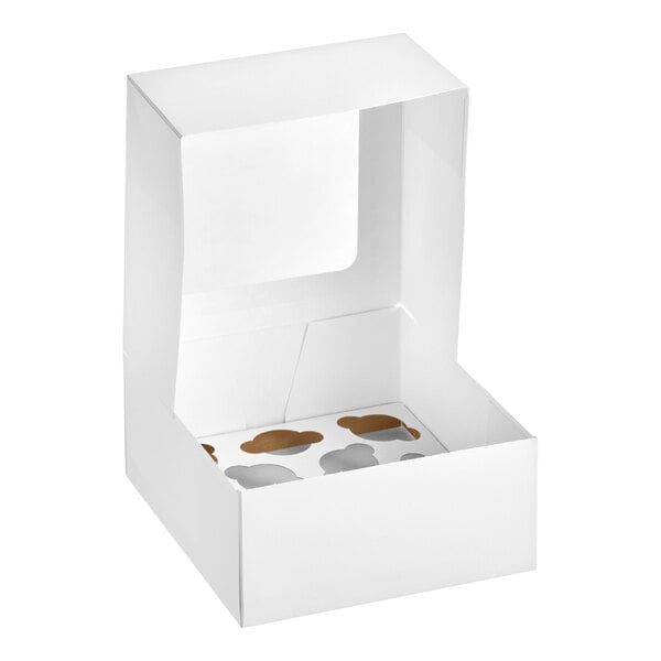 A white auto-popup window box with an insert designed to hold mini cupcakes or muffins.