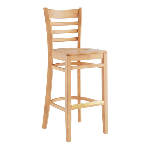 A Lancaster Table & Seating wooden ladder back bar stool with a natural wood seat and back.