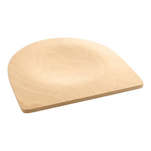 A Lancaster Table & Seating natural wood bar stool seat with a curved edge.