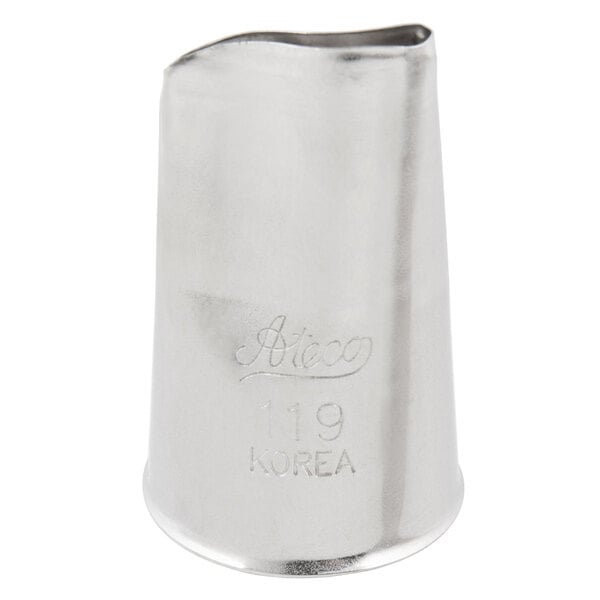 A silver metal Ateco Rose Piping Tip with writing on it.