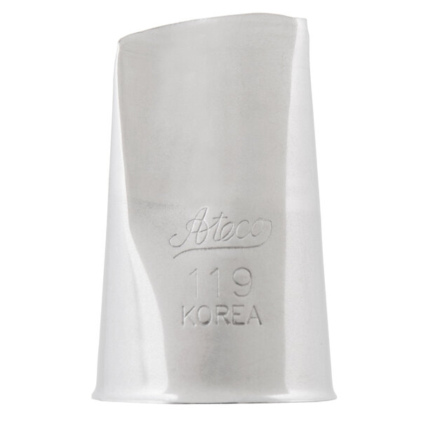 A silver metal Ateco piping tip with a number on it.