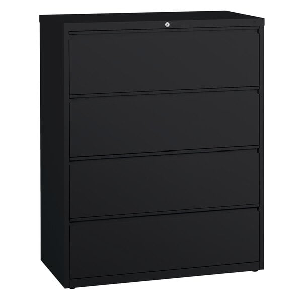 A black Hirsh Industries lateral file cabinet with four drawers.