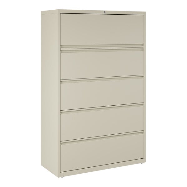 A putty-colored five-drawer lateral file cabinet with roll-out binder storage.