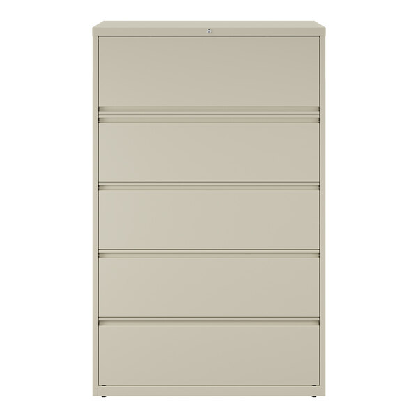 A putty-colored five-drawer lateral file cabinet with roll-out binder storage.