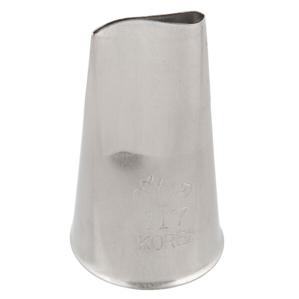 A silver metal Ateco rose piping tip with writing on it.