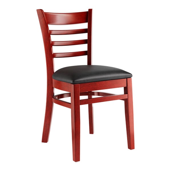 A Lancaster Table & Seating mahogany wood chair with black vinyl seat.