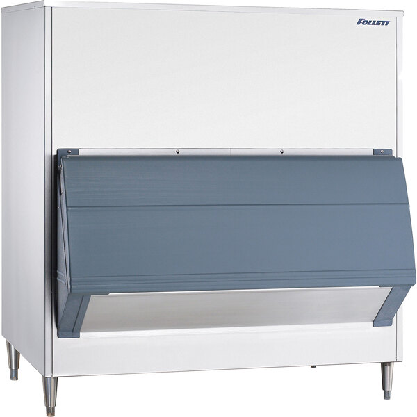 A white Follett ice storage bin with a grey SmartGATE panel.