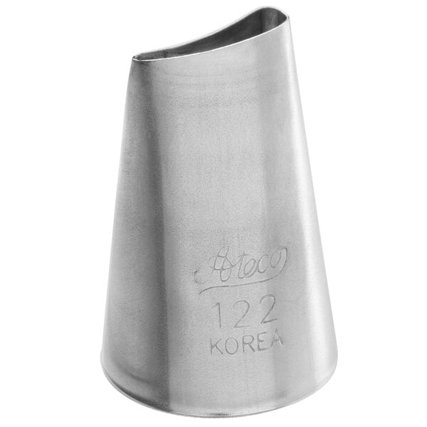 A stainless steel Ateco curved petal piping tip with a number on it.