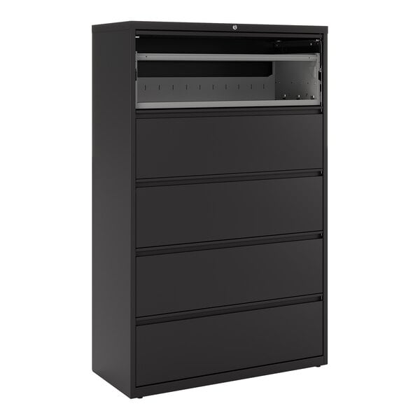 Hirsh Industries 17649 Black Five-Drawer Lateral File Cabinet with Roll Out Binder Storage - 42" x 18 5/8" x 67 5/8"