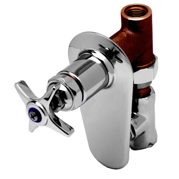 A chrome plated T&S concealed straight valve with a brass four arm handle.