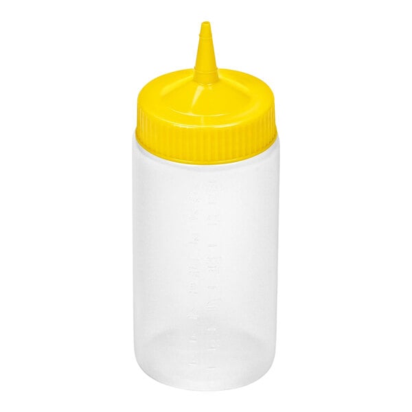 A clear plastic squeeze bottle with a yellow screw-on cap and a single pointed tip.