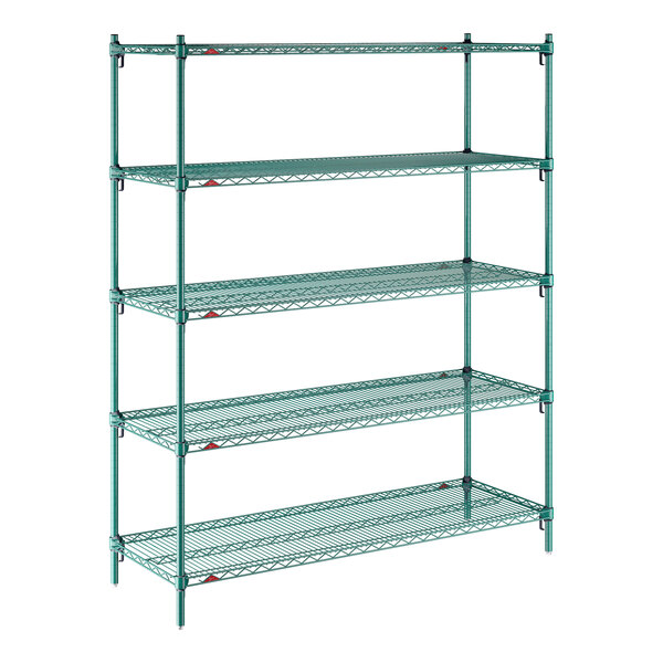 A green stationary wire shelving unit with five adjustable shelves.