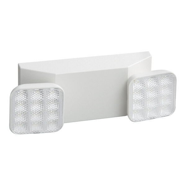 A white rectangular Lavex emergency light with two LED lights.