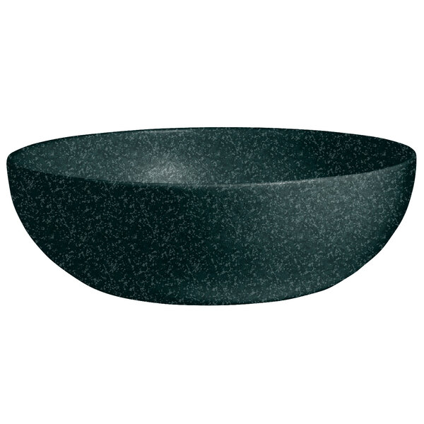 A black G.E.T. Enterprises Bugambilia deep round bowl with a speckled surface.