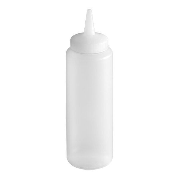 A clear plastic squeeze bottle with a single pointed tip and screw-on cap.