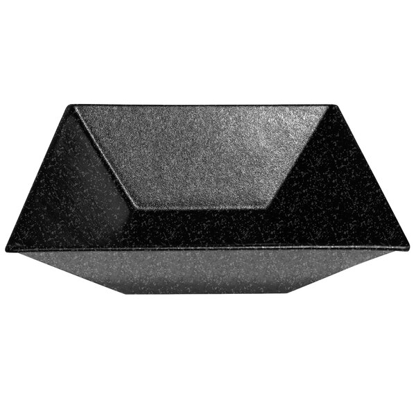 A black square bowl with a shiny surface.