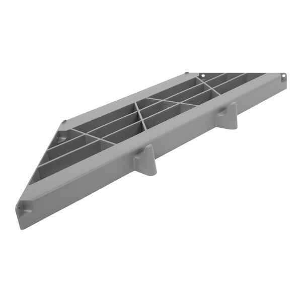 A grey plastic PolyJohn convenience shelf with two holes in it.