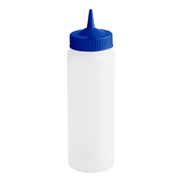 A clear plastic squeeze bottle with a blue single tip wide mouth cap.