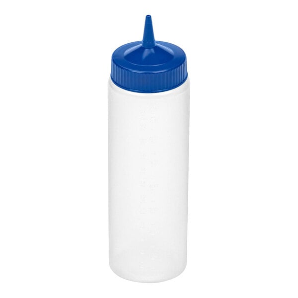 A clear plastic squeeze bottle with a blue screw-on cap and a single pointed tip.