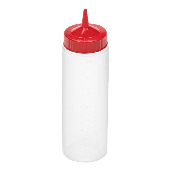 A clear plastic squeeze bottle with a red, pointed cap.