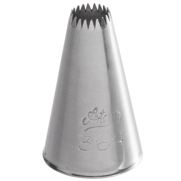 A silver metal cone-shaped nozzle with a handle.