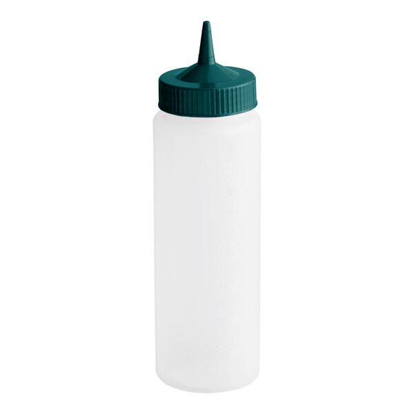 A clear 24 oz. squeeze bottle with a wide mouth and a single tip, featuring a vista green cap.