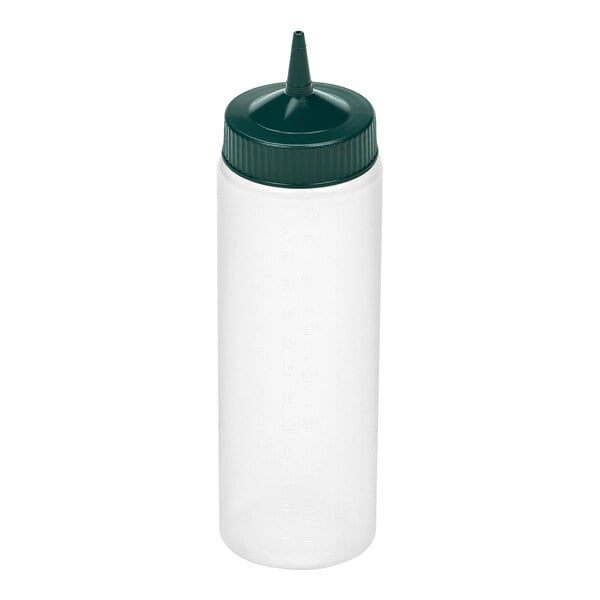 A clear plastic squeeze bottle with a wide mouth and a dark green pointed cap.