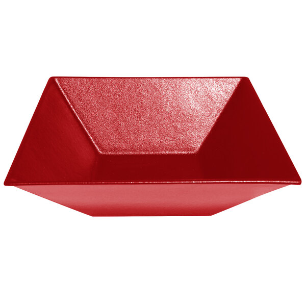 A red resin-coated aluminum square bowl with a smooth finish.