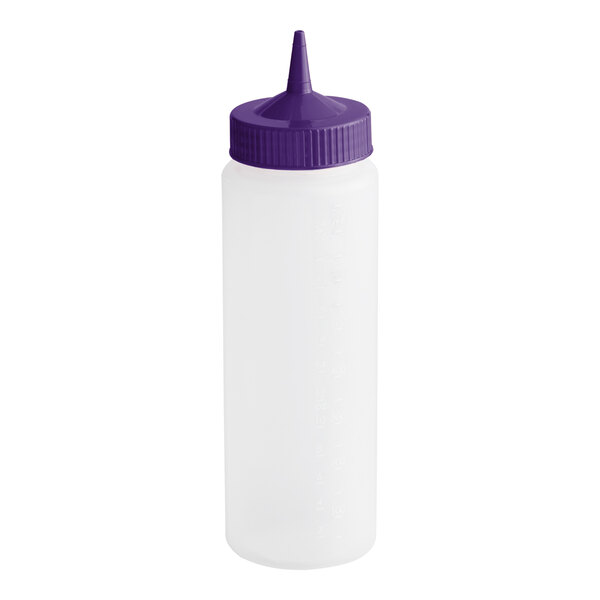 A clear plastic squeeze bottle with a wide mouth and a purple single tip cap.
