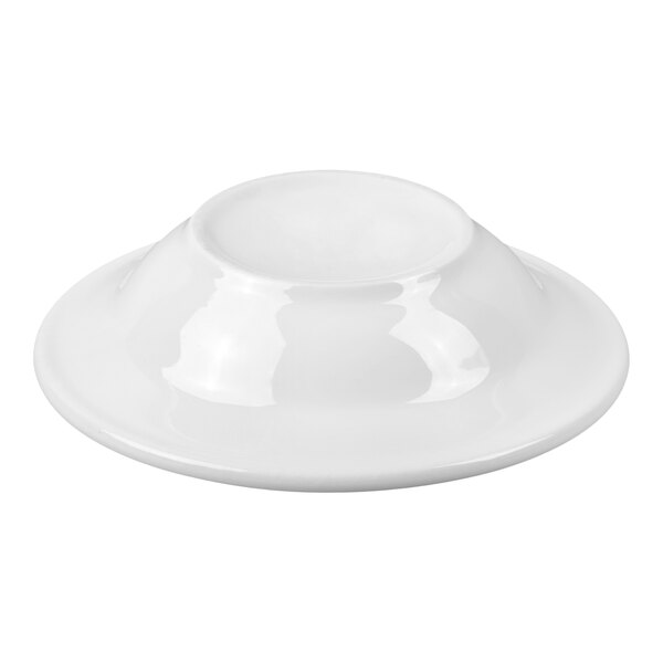 A white, round porcelain bowl with a wide rim and a small, elevated central bowl area.