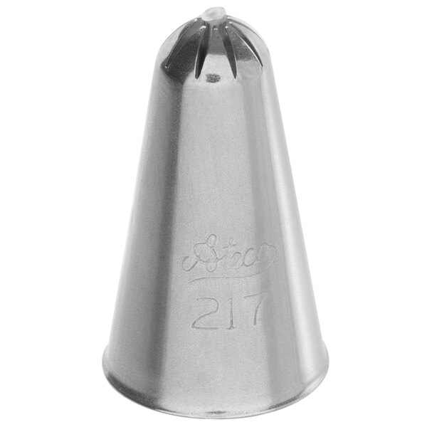 A stainless steel Ateco drop flower piping tip nozzle.