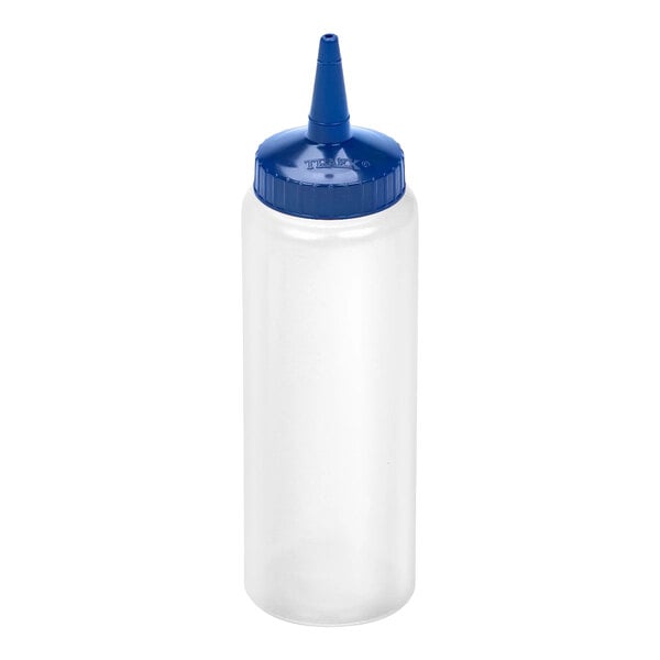 A clear plastic squeeze bottle with a blue pointed cap.