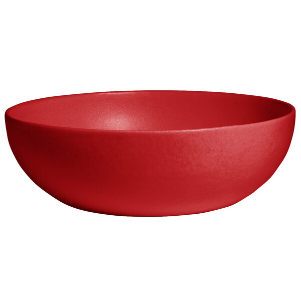 A cranberry red resin-coated aluminum bowl with a textured finish.