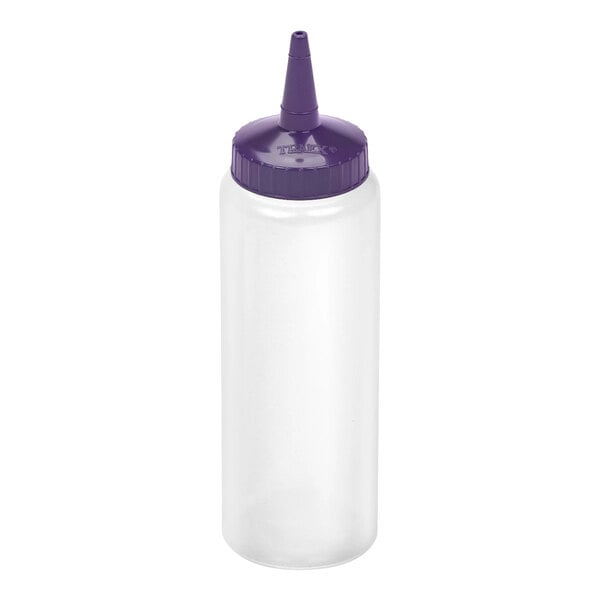 A clear plastic squeeze bottle with a purple pointed cap.