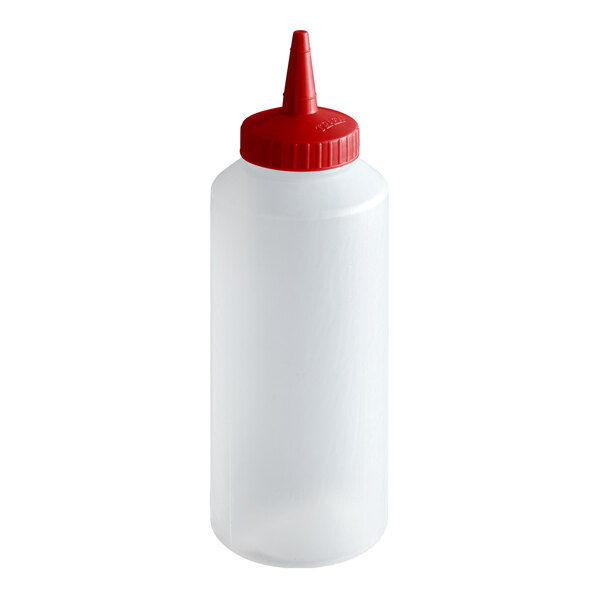 A clear 12 oz. squeeze bottle with a red single tip cap.