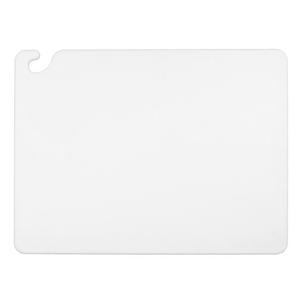 A white rectangular San Jamar cutting board with a hook in the corner.