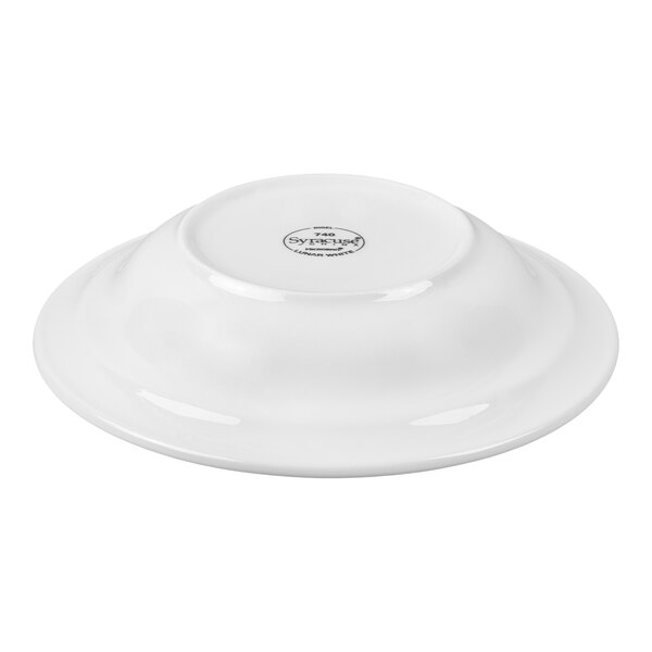 A white porcelain bowl shown upside down with a small circular logo or text at the center of its base.