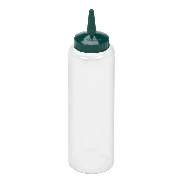 A clear plastic squeeze bottle with a green pointed cap.