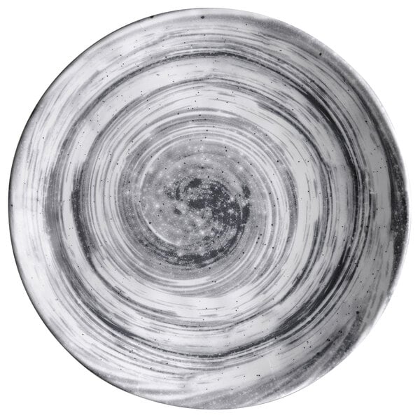 A close-up of an Elite Global Solutions Van Gogh black melamine plate with a swirl design.