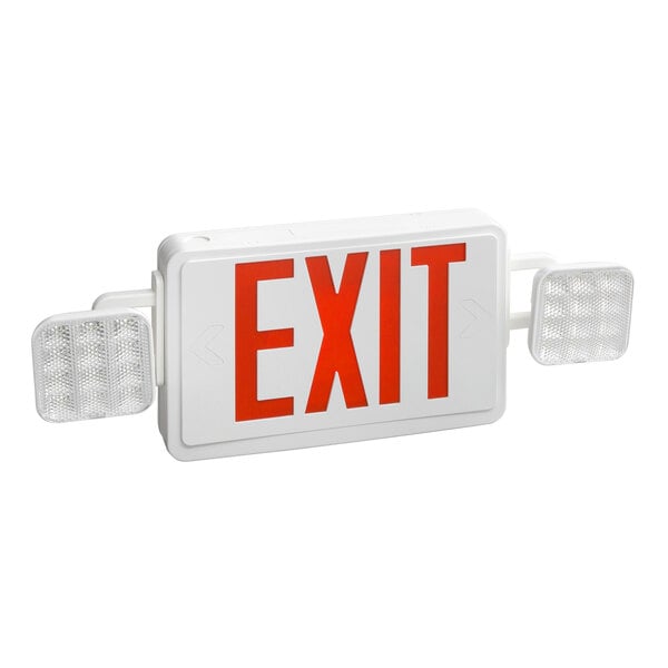 A white rectangular exit sign with red letters and red arrow on white background.