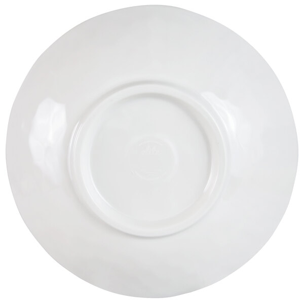 A white melamine bowl with a round rim and a navy circle in the middle.