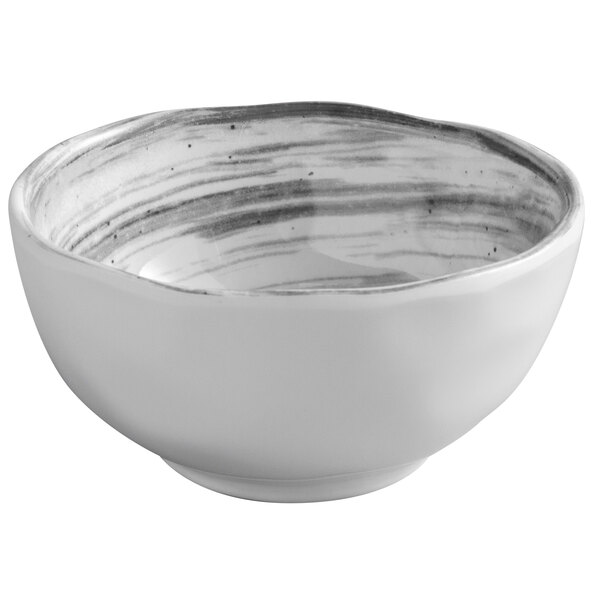 A white melamine bowl with black stripes.