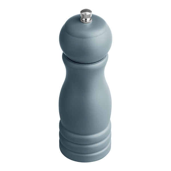 An Acopa steel blue wooden salt and pepper mill with a silver top.