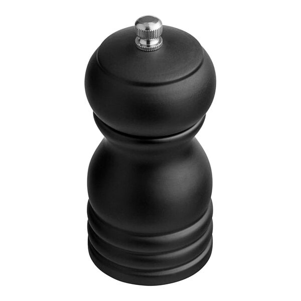 An Acopa matte black wooden salt and pepper mill with a silver knob.