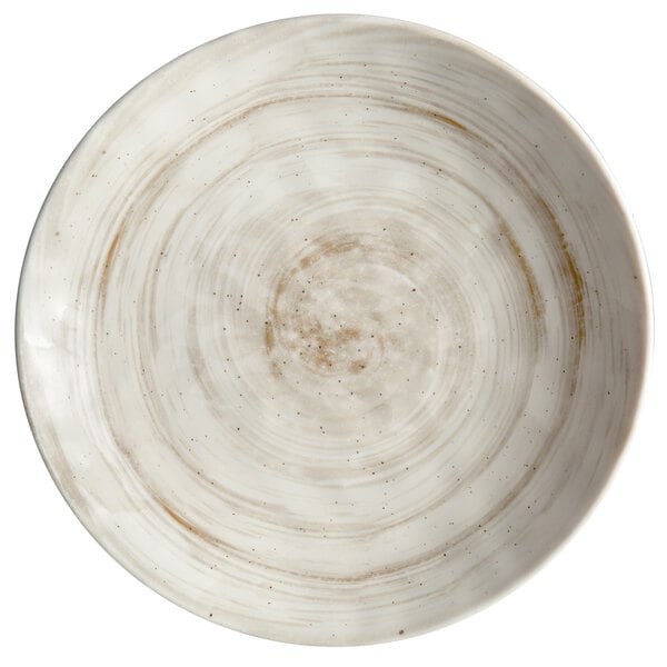 A white Elite Global Solutions melamine plate with a spiral pattern on it.