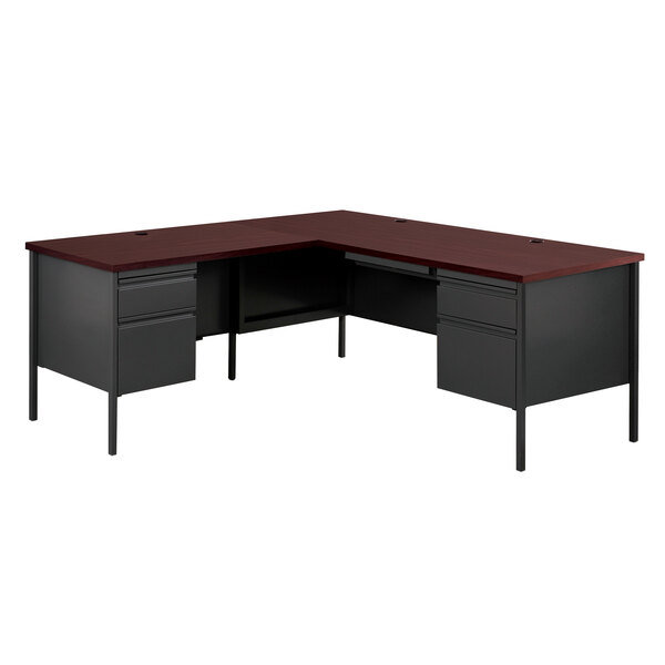 A Hirsh Industries charcoal corner pedestal desk kit with two drawers.