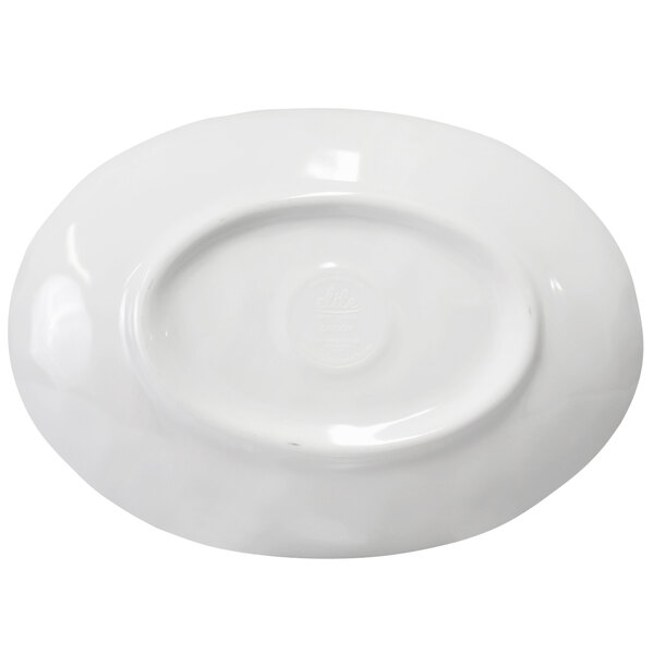 An oval white melamine plate with a round edge.