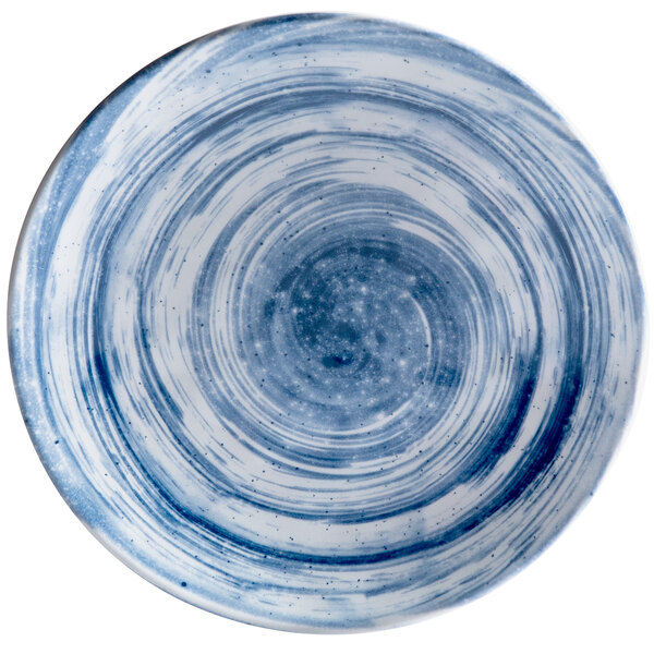 An Elite Global Solutions Van Gogh Navy melamine plate with blue and white swirls.