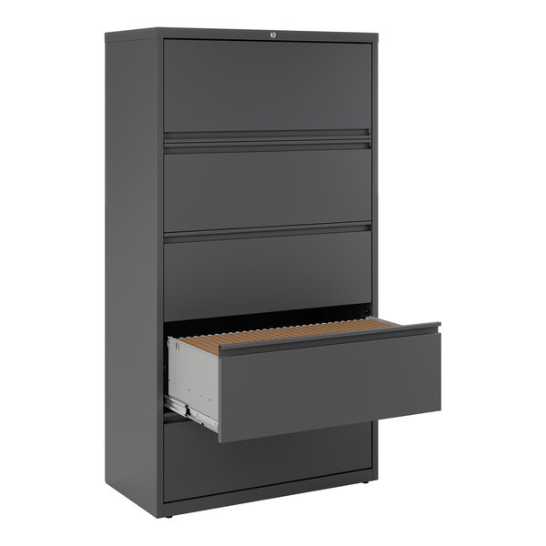 A charcoal five-drawer lateral file cabinet with one drawer open, designed for office storage and organization.